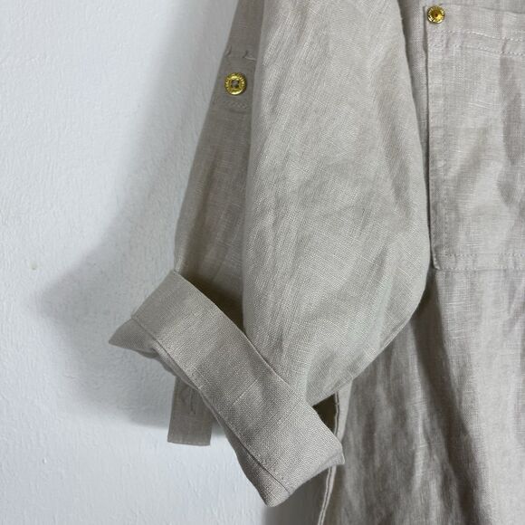 Ellen Tracy Tan 100% Linen Tunic Sm Lagenlook Boho Roll Tab Sleeve Quiet Luxury - Picture 6 of 12